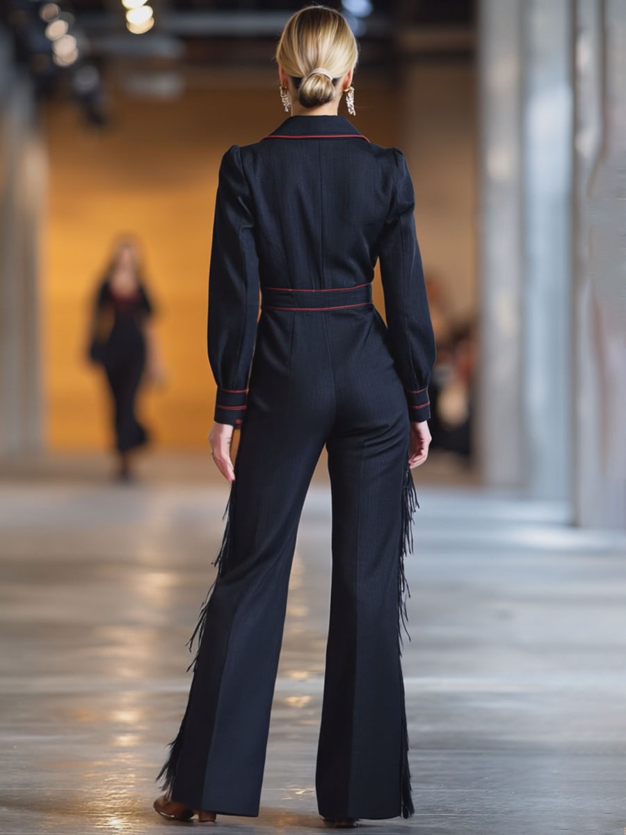 Retro Red Topstitched Navy Denim Long Sleeve Flared Tassel Jumpsuit - By Qivii