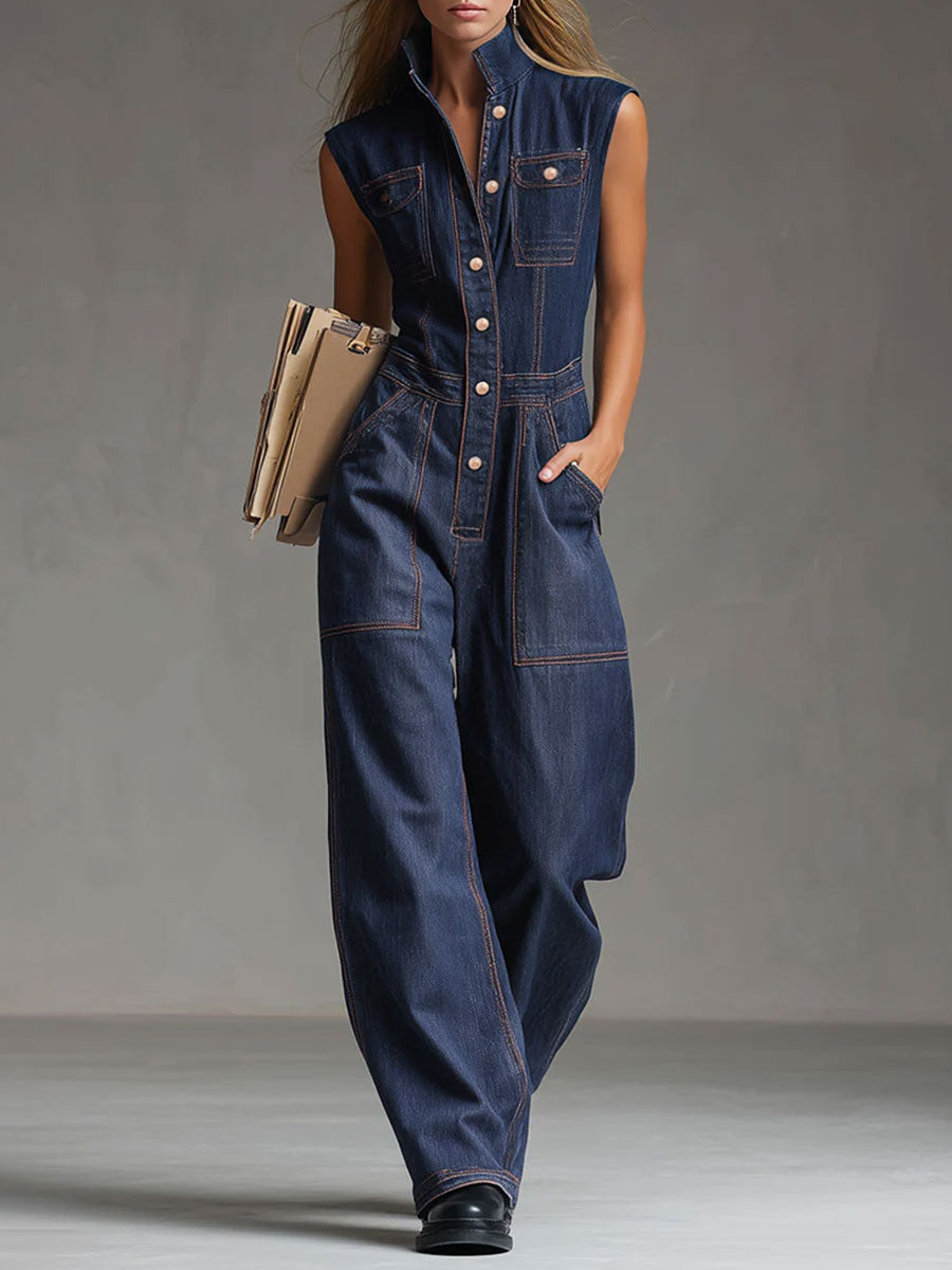 Casual Retro Multi-pocket Topstitching Dark Blue Denim Sleeveless Balloon Jumpsuit - By Qivii