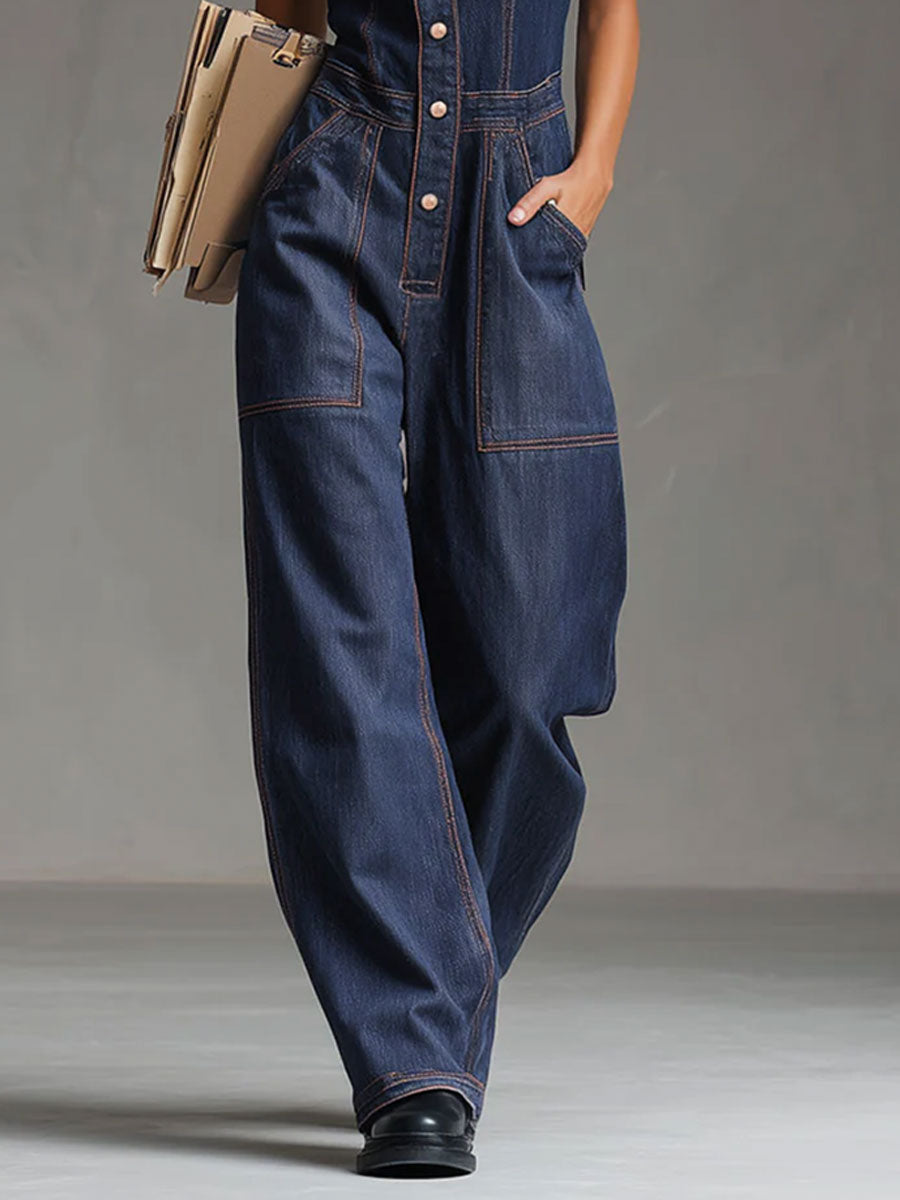 Casual Retro Multi-pocket Topstitching Dark Blue Denim Sleeveless Balloon Jumpsuit - By Qivii