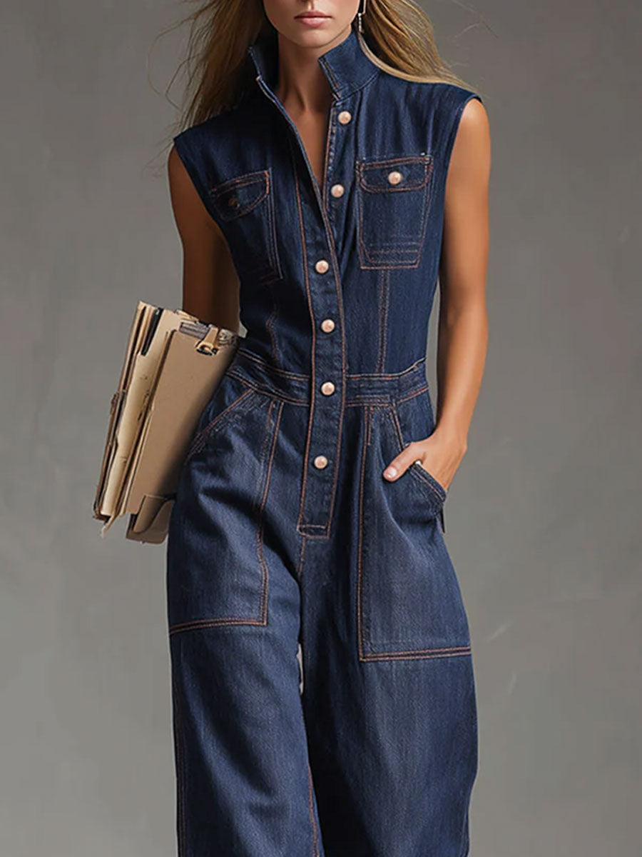 Casual Retro Multi-pocket Topstitching Dark Blue Denim Sleeveless Balloon Jumpsuit - By Qivii