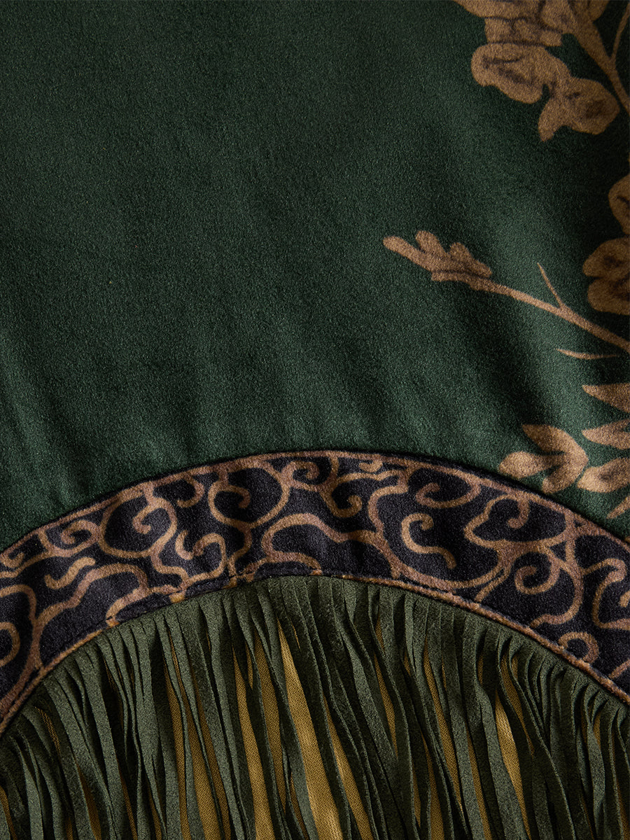 Retro Silhouette Printed Green Faux Suede Tassel Maxi Dress - By Qivii