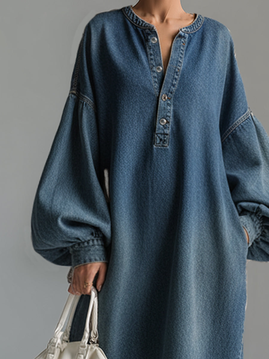 Elegant Urban-style Blue Denim Button-down Maxi Dress - By Qivii