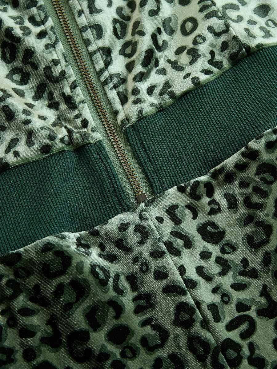 Retro Elegant Green Leopard Print Hooded Velvet Jumpsuit - By Qivii