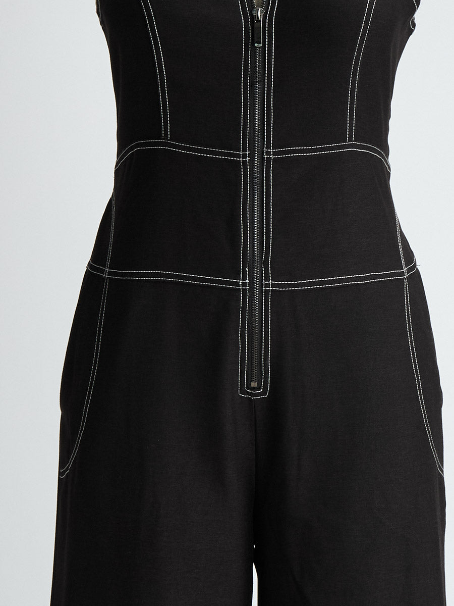 Stylish And Elegant Front-zip Black Tencel Denim Sleeveless Wide-leg Jumpsuit - By Qivii