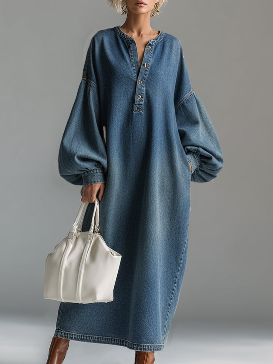 Elegant Urban-style Blue Denim Button-down Maxi Dress - By Qivii
