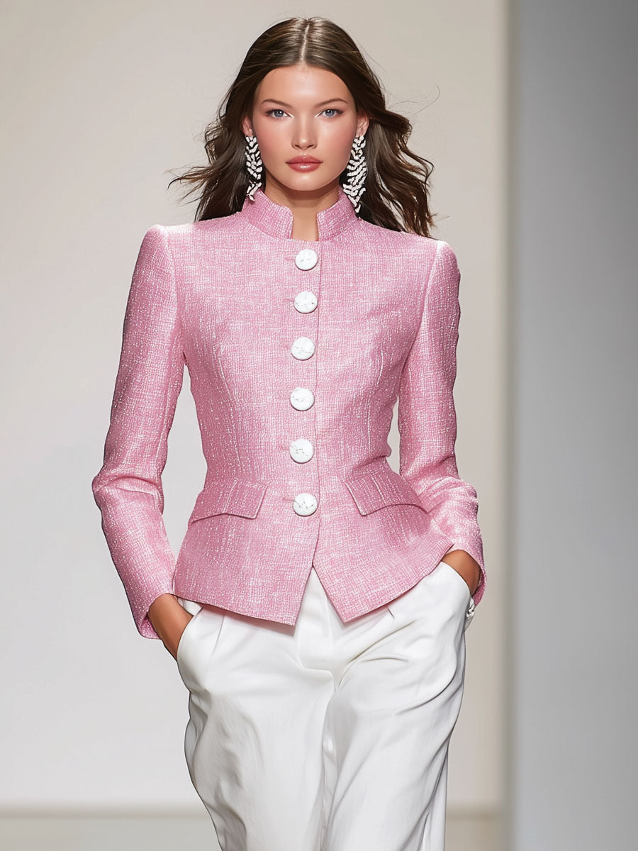 Elegant Stand-up Collar Single-breasted Tweed Jacket - By Qivii