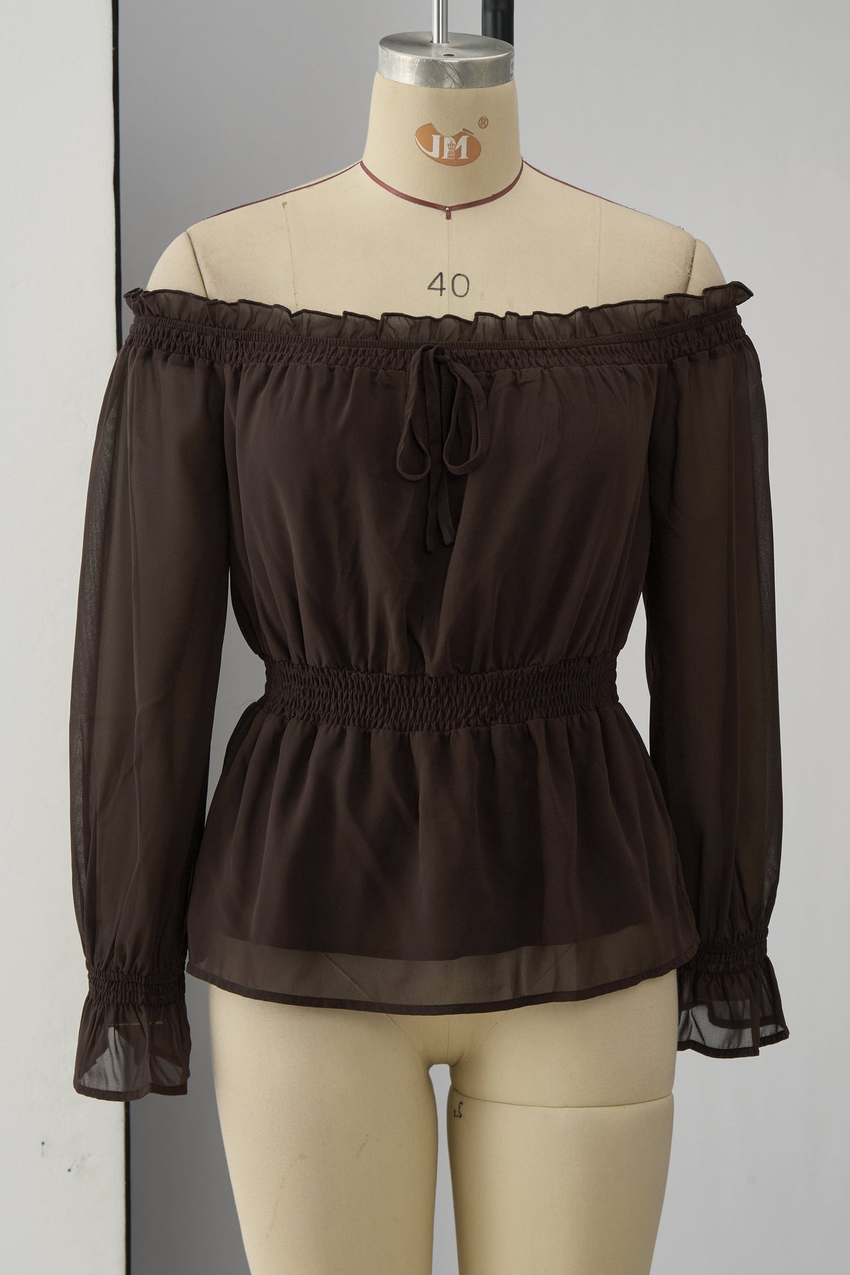 Fashionable Retro Ruffled Brown Off-shoulder Chiffon Blouse - By Qivii