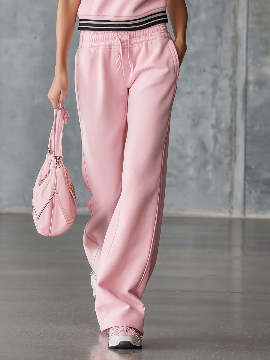 Elegant Fashion Sporty Hooded Front Zipper Short-sleeved Pink Cotton Top And Pants Set - By Qivii