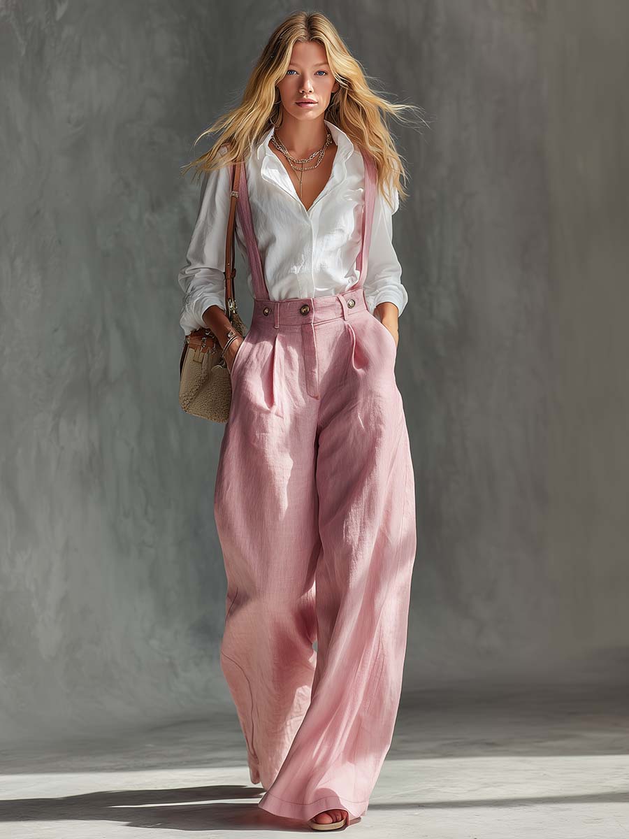 Elegant Vintage Versatile Pink Cotton And Linen Wide-leg Pants Overalls - By Qivii