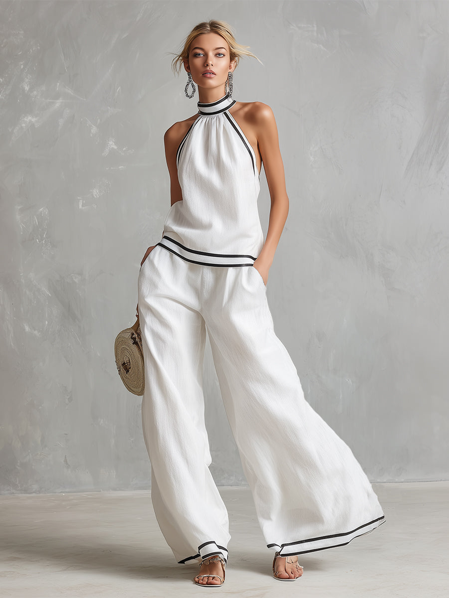 Elegant Minimalist Trimmed White Cotton Linen Halter Neck Top And Wide-leg Pants Set - By Qivii