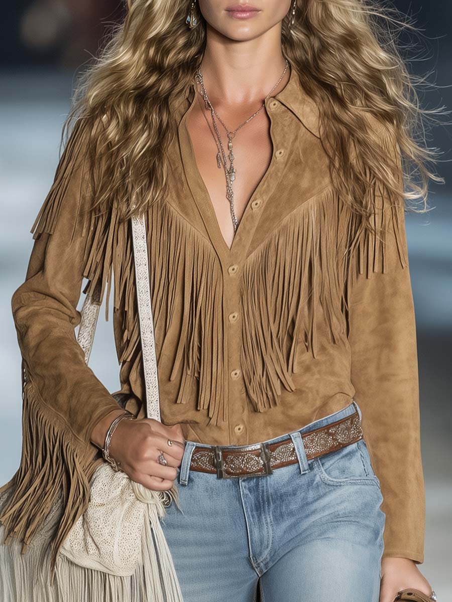 Casual Vintage Western Button Front Tassel Long Sleeve Light Brown Fuax Suede Shirt Top - By Qivii