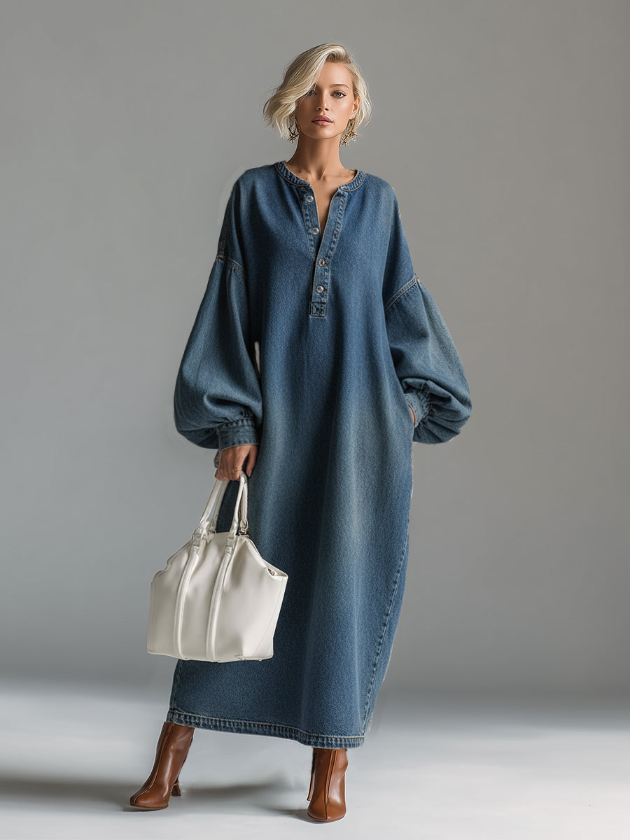 Elegant Urban-style Blue Denim Button-down Maxi Dress - By Qivii