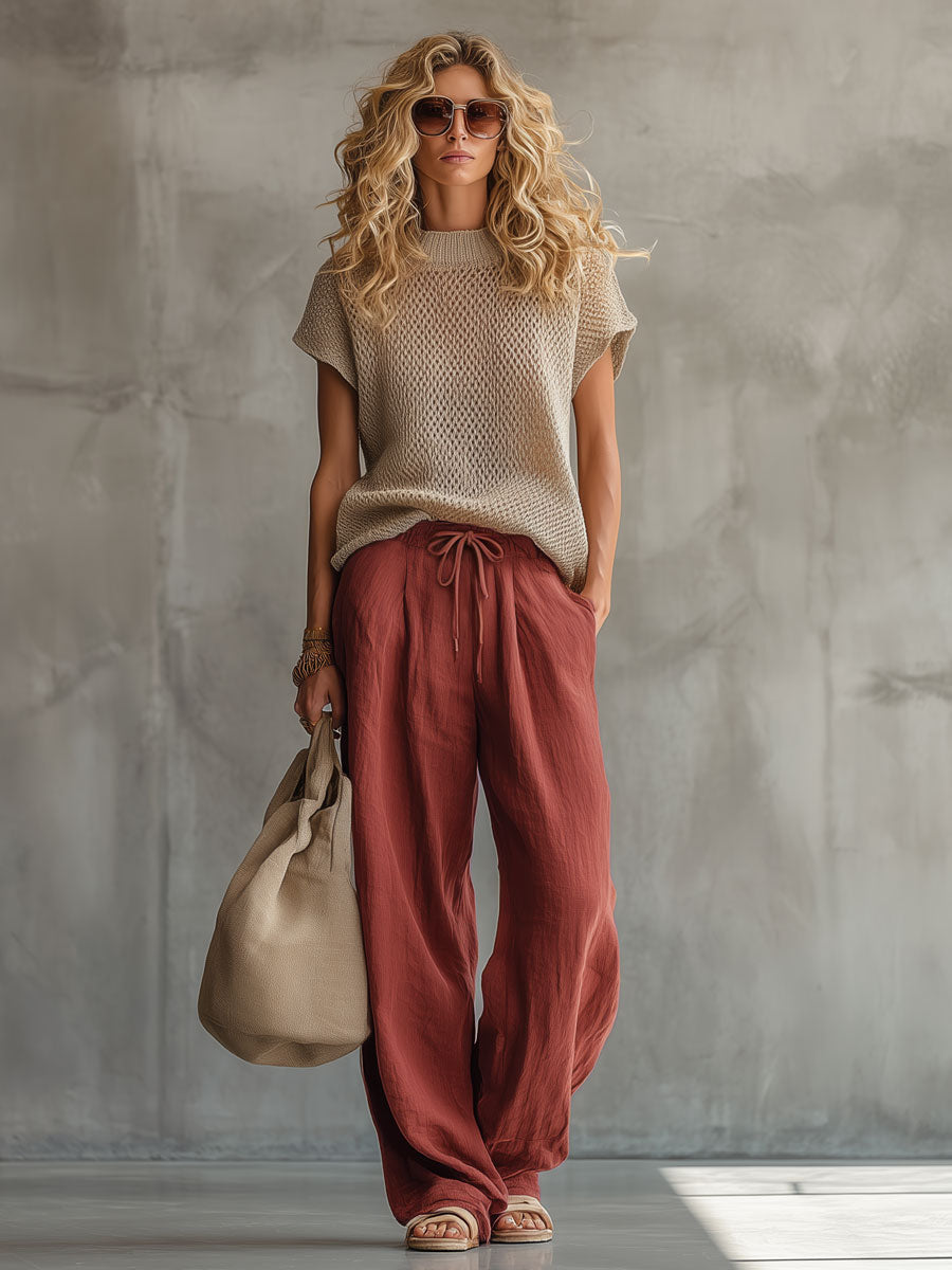 Retro Short-sleeved Knit Top And Brick Red Cotton Linen Wide-leg Pants Set - By Qivii