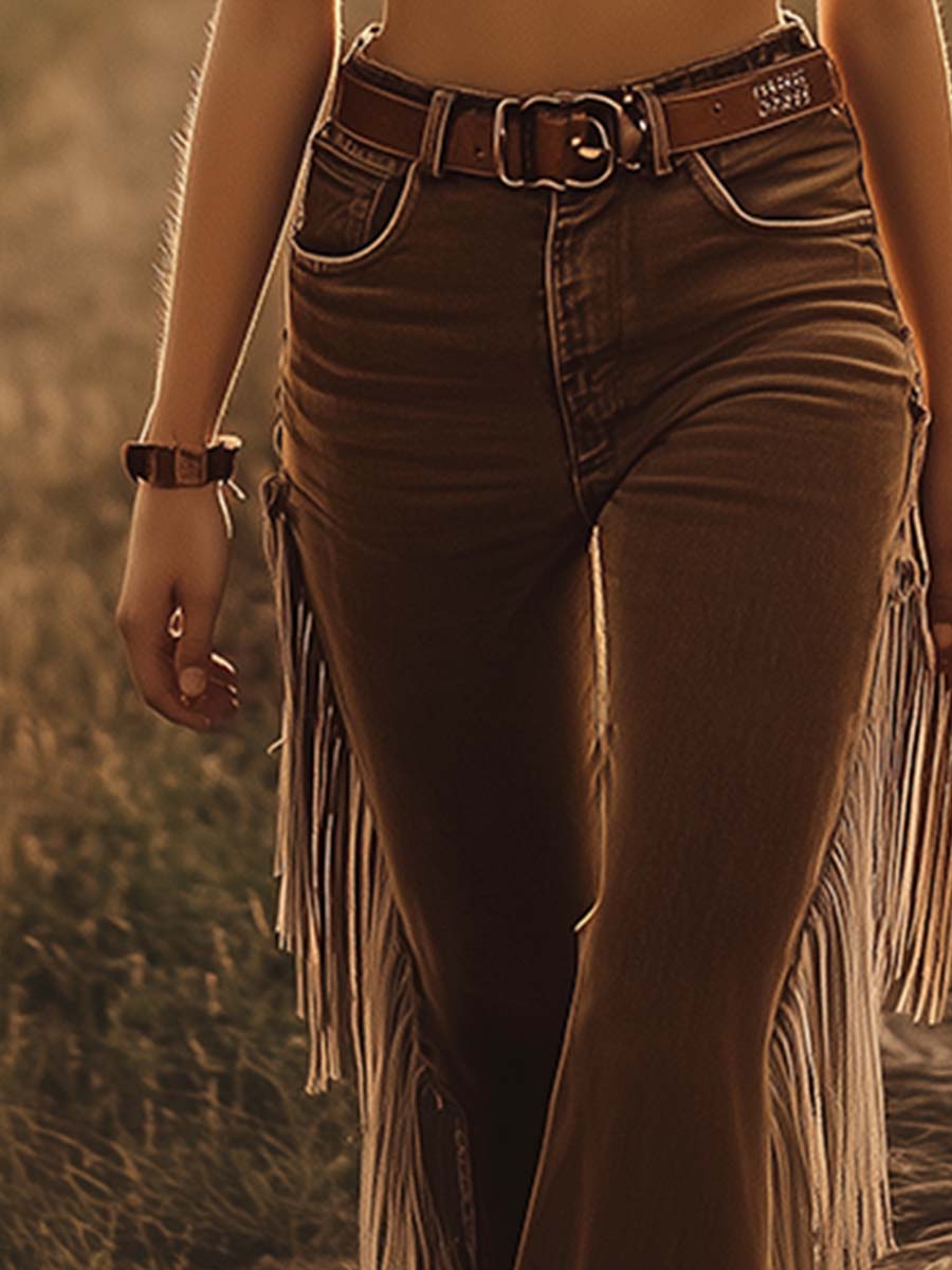 Vintage Western Brown Fringe Flared Jeans - By Qivii