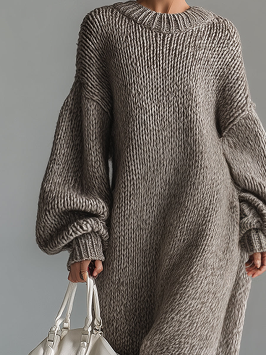 Elegant Urban Silhouette Round Neck Heathered Khaki Knitted Maxi Dress - By Qivii