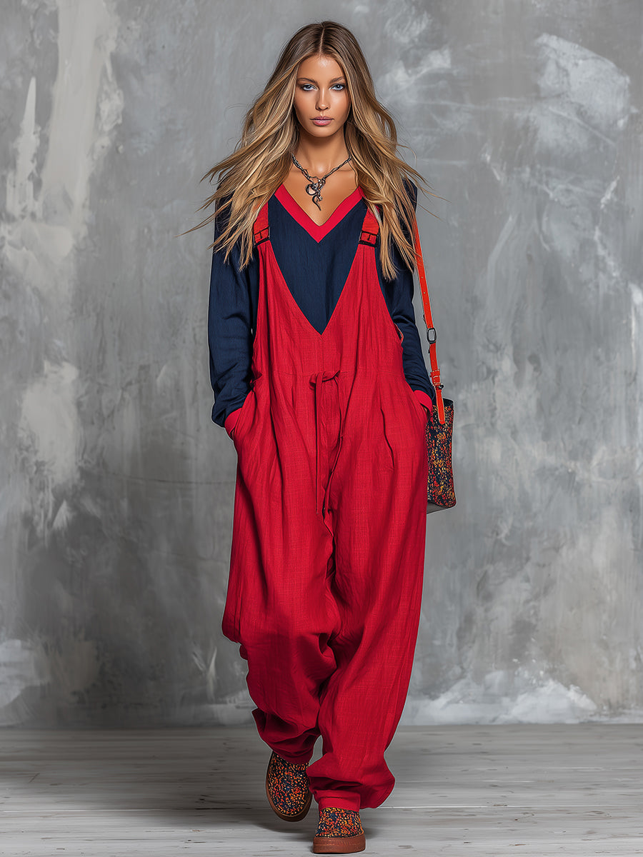 Retro Bohemian Style Color-blocked Cotton And Linen Top And Overalls Set - By Qivii
