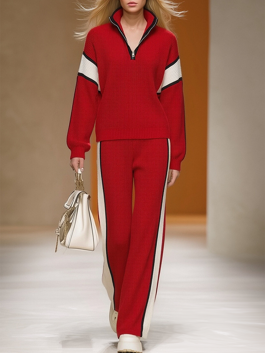 Retro Sports Style Contrast Color Knit Top And Pants Set - By Qivii