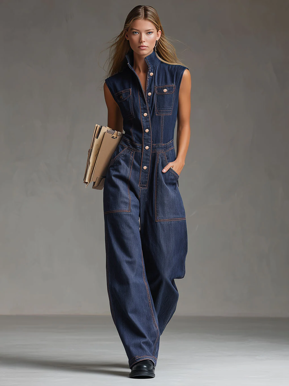 Casual Retro Multi-pocket Topstitching Dark Blue Denim Sleeveless Balloon Jumpsuit - By Qivii
