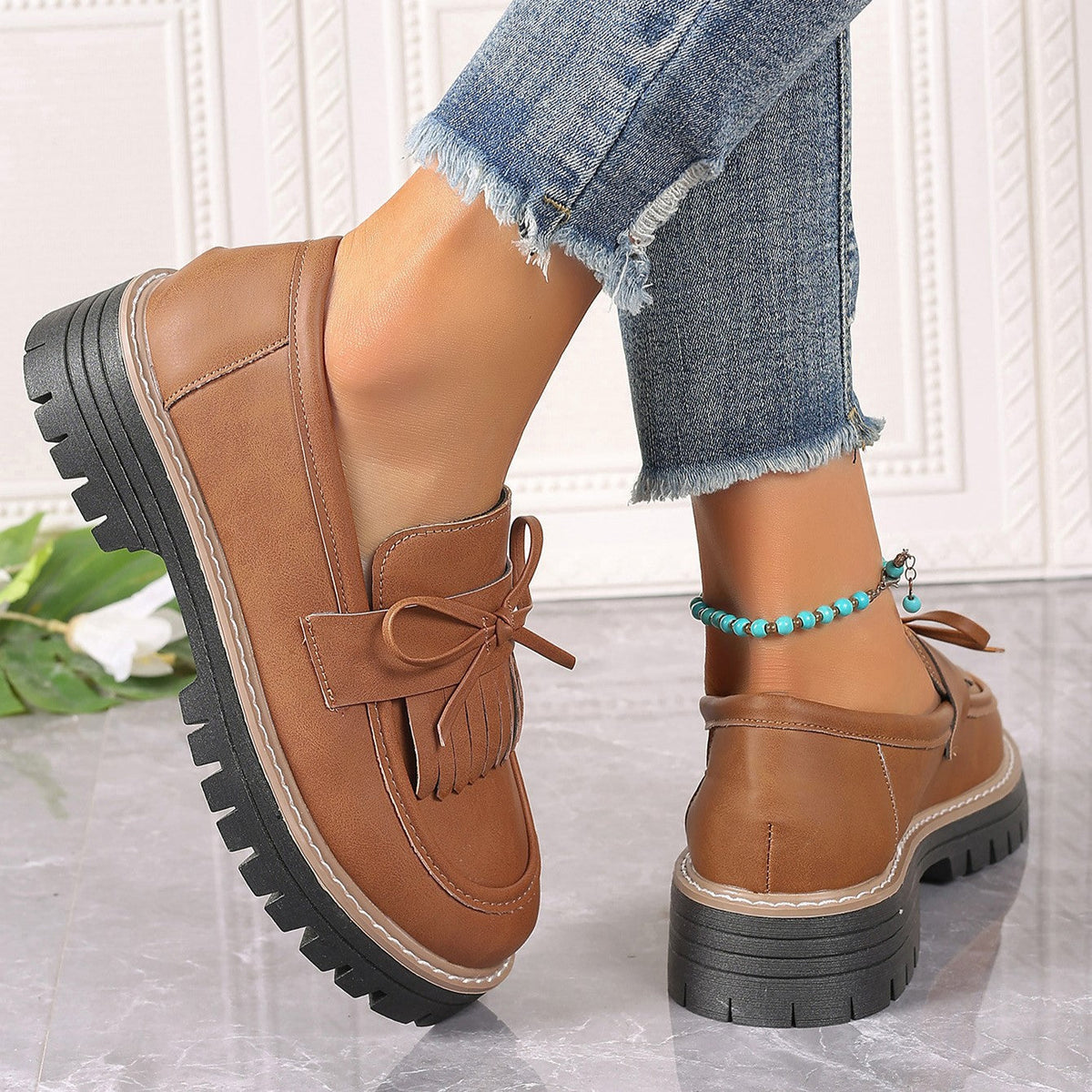 Women's Plus Size Chic Tassel Chunky Heel Bowknot Loafers Casual Shoes
