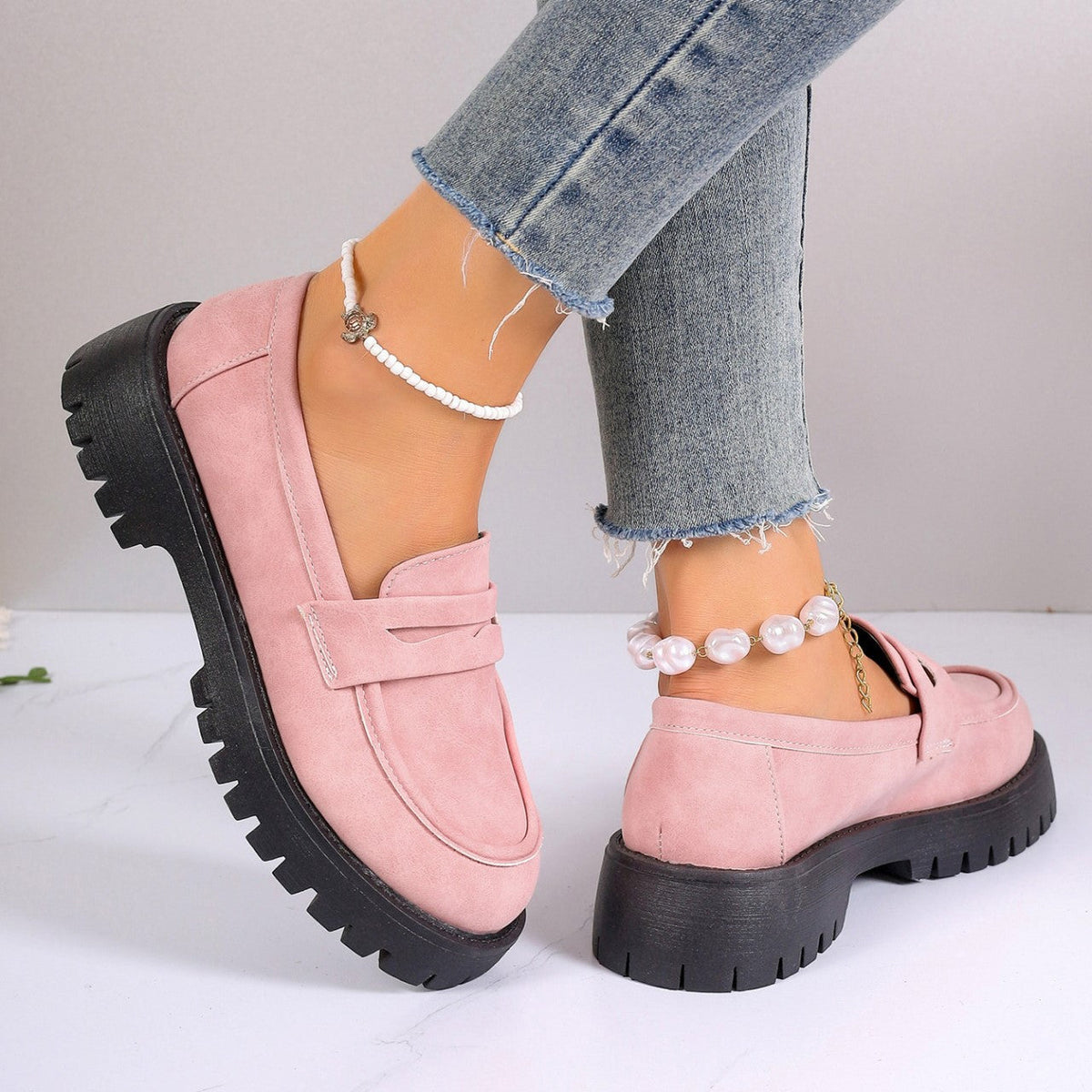 Women's Plus Size Retro Suede Loafers Slip-On Shoes with Chunky Heel Platform