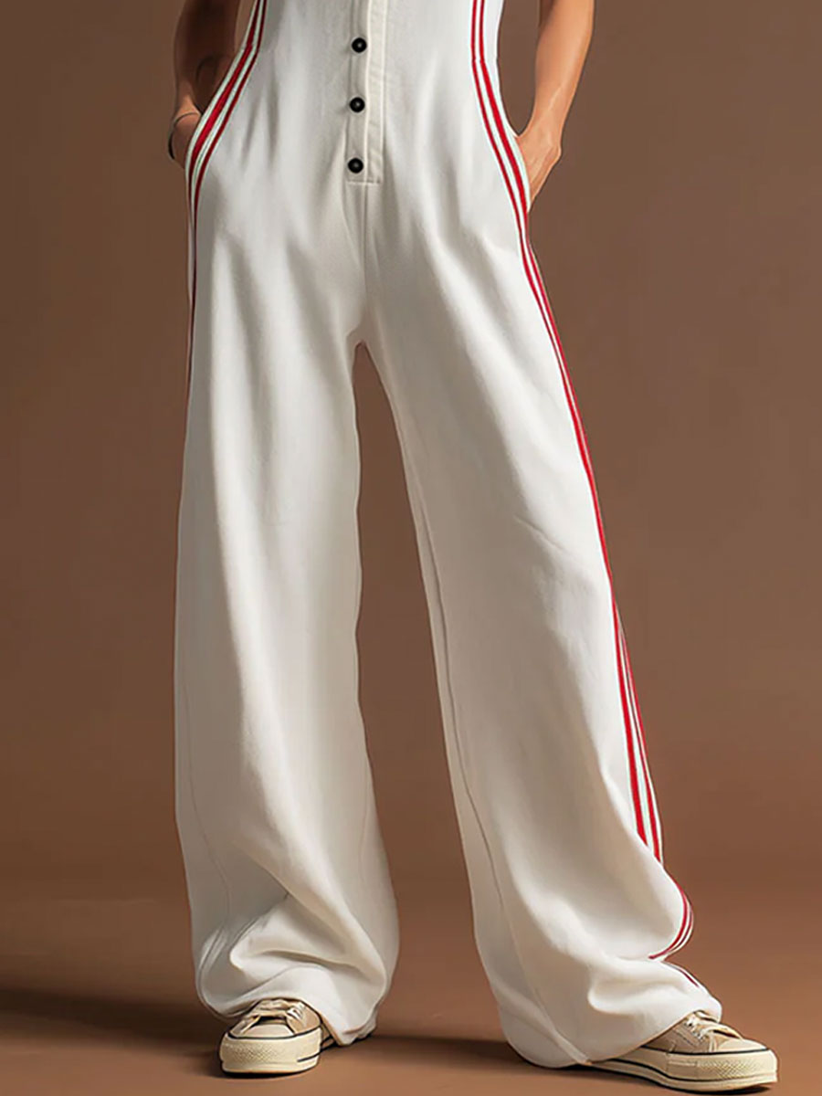 Sporty Retro Red Ribbon White Cotton Sleeveless Jumpsuit - By Qivii