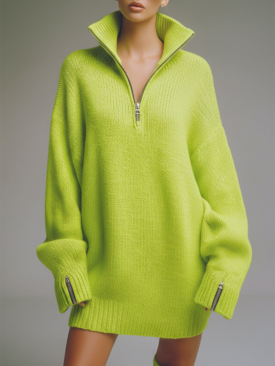 Casual Loose-fitting Green Knitted Mini Dress - By Qivii