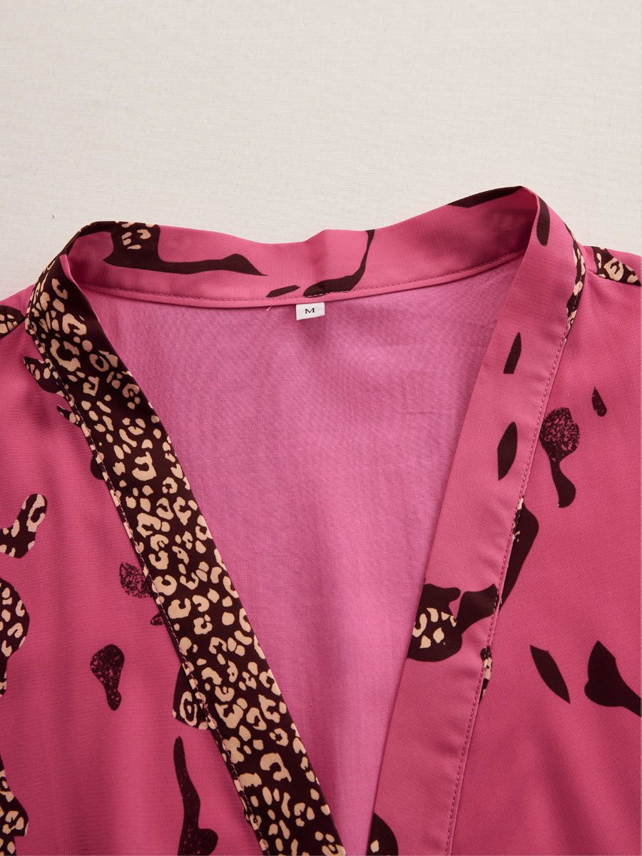 Casual Loose Rose Red Chiffon Leopard Print Long-Sleeved Jumpsuit - By Qivii