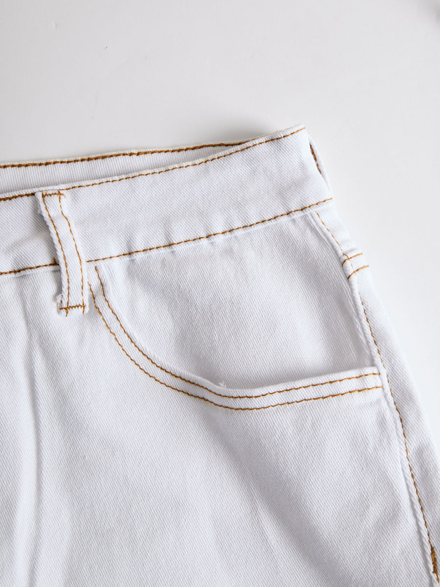 Western Retro White Denim Lace Trim Shorts - By Qivii