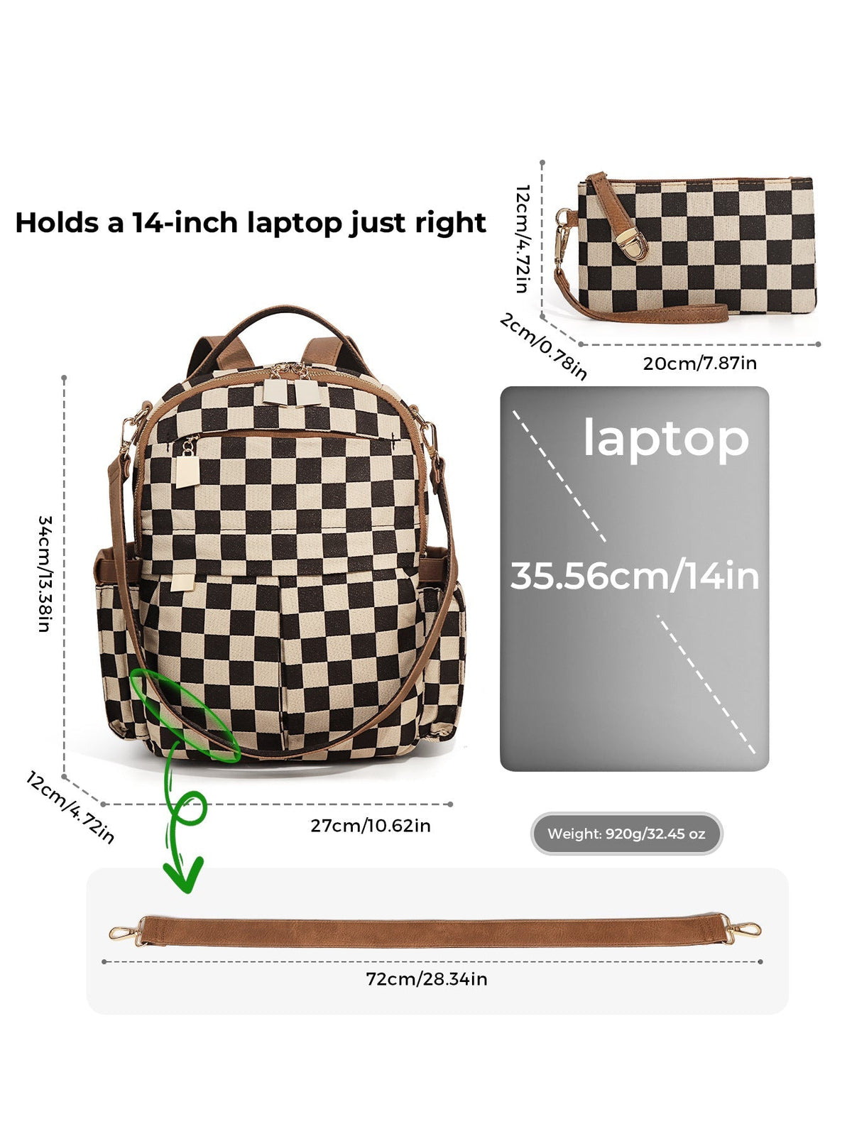 Ounamei Checkered Backpack Purse for Women | Anti-Theft Travel & Work Bag with Matching Pouch