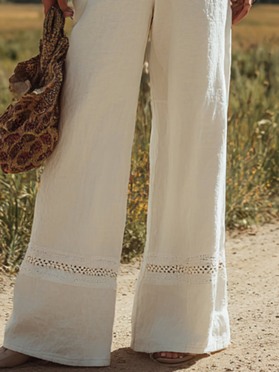 Women's White Linen Sleeveless Suspender Button Jumpsuit With Lace Design - By Qivii