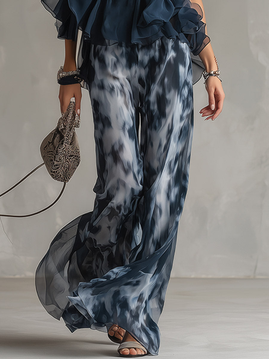 Elegant Urban Navy Blue Printed Wide-leg Pants - By Qivii