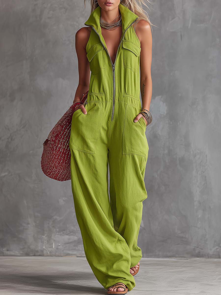 Casual Retro Western Collar Front Zipper Bright Green Cotton Linen Jumpsuit - By Qivii