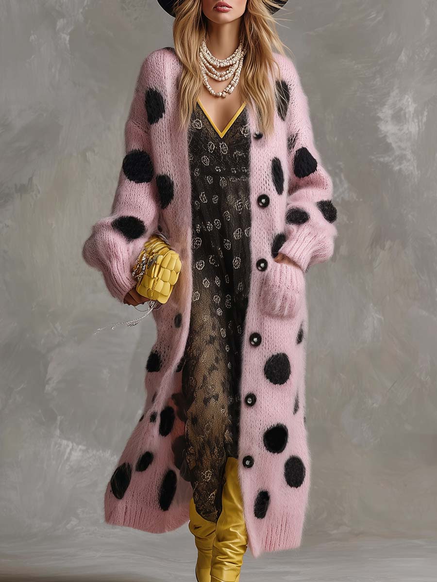 Vintage Fashion Lazy Front Button Black Polka Dot Pink Imitation Rabbit Fur Knitted Long-sleeved Cardigan - By Qivii
