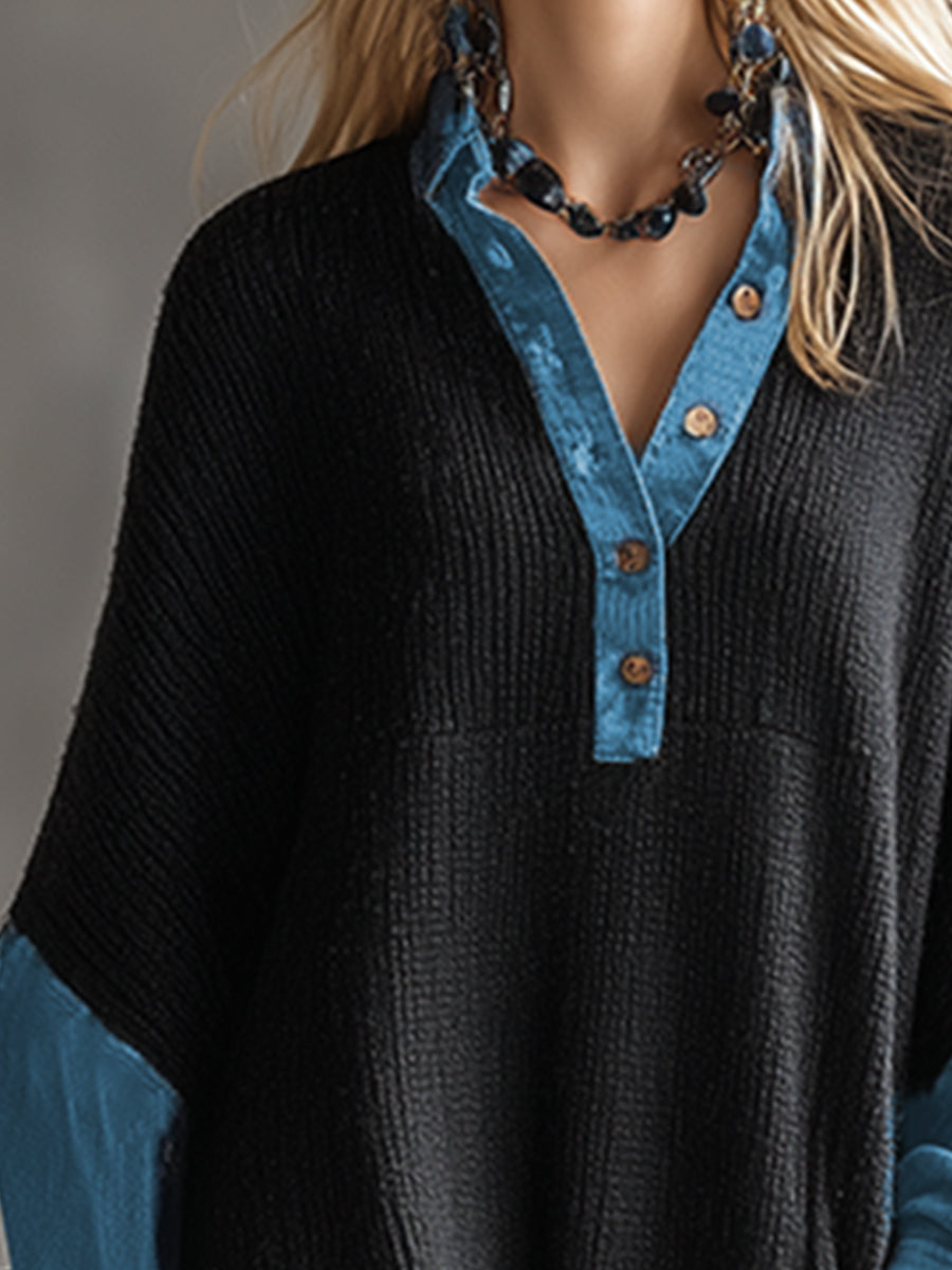 Fashionable Casual Black Knitted Denim Trim Maxi Dress - By Qivii