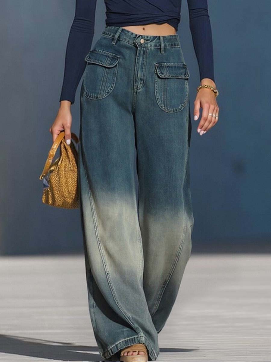 Casual Fashion Gradient Washed Denim Blue Gray Loose Pants - By Qivii