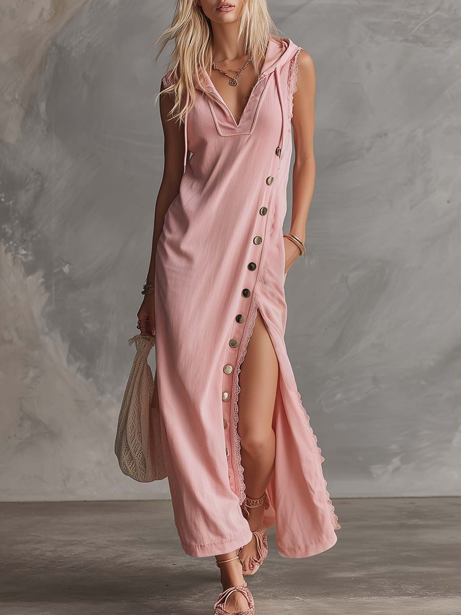 Elegant Retro Sporty Hooded V-neck Sleeveless Lace Trim Side Slits And Button Pink Cotton Midi Dress - By Qivii