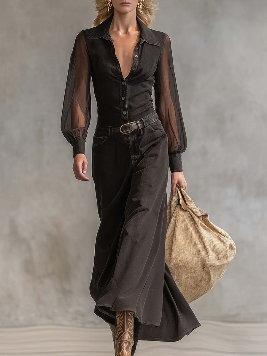 Vintage Western Front Button V-Neck Transparent Long Sleeve Black Denim Maxi Dress - By Qivii