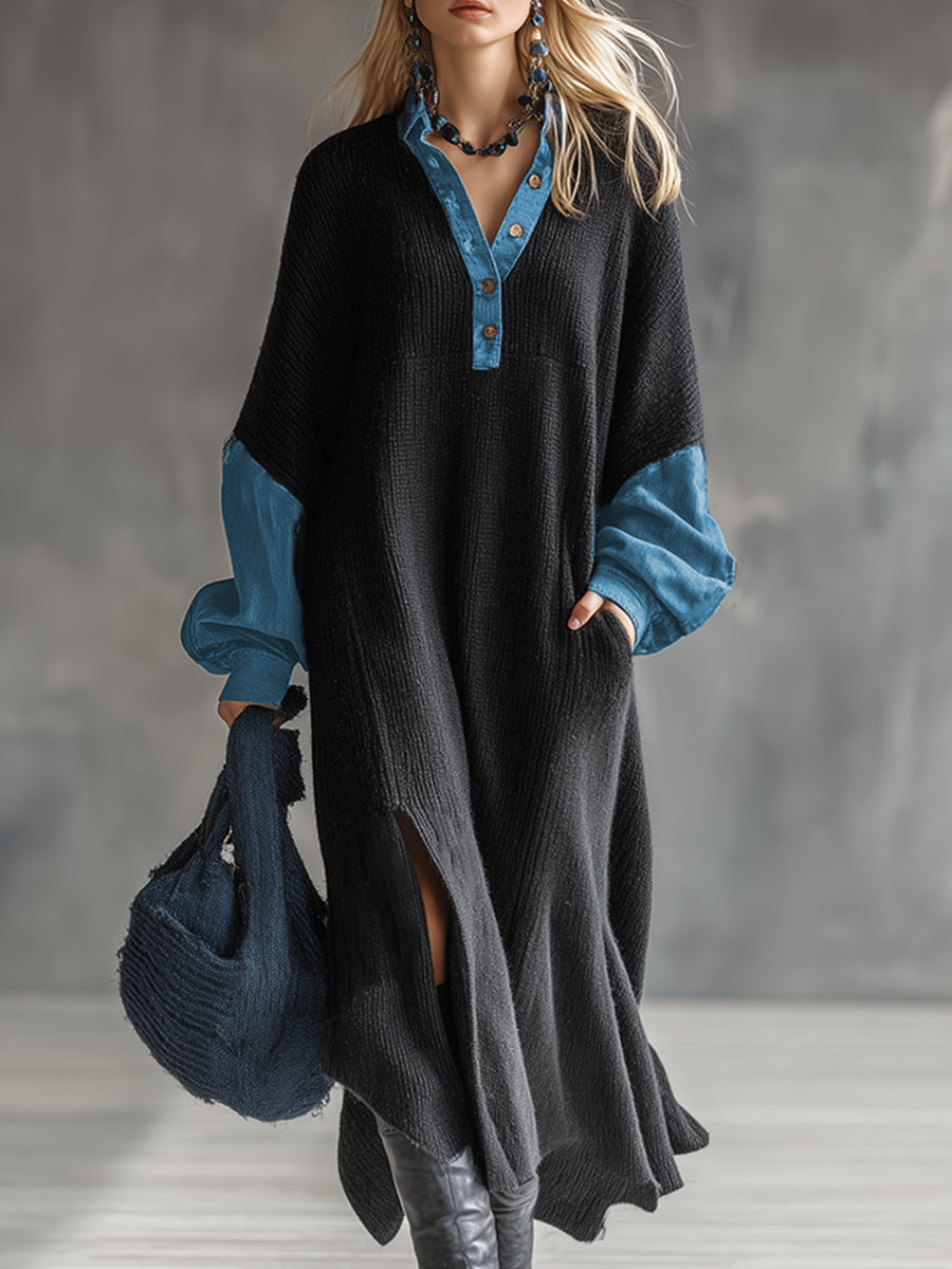 Fashionable Casual Black Knitted Denim Trim Maxi Dress - By Qivii