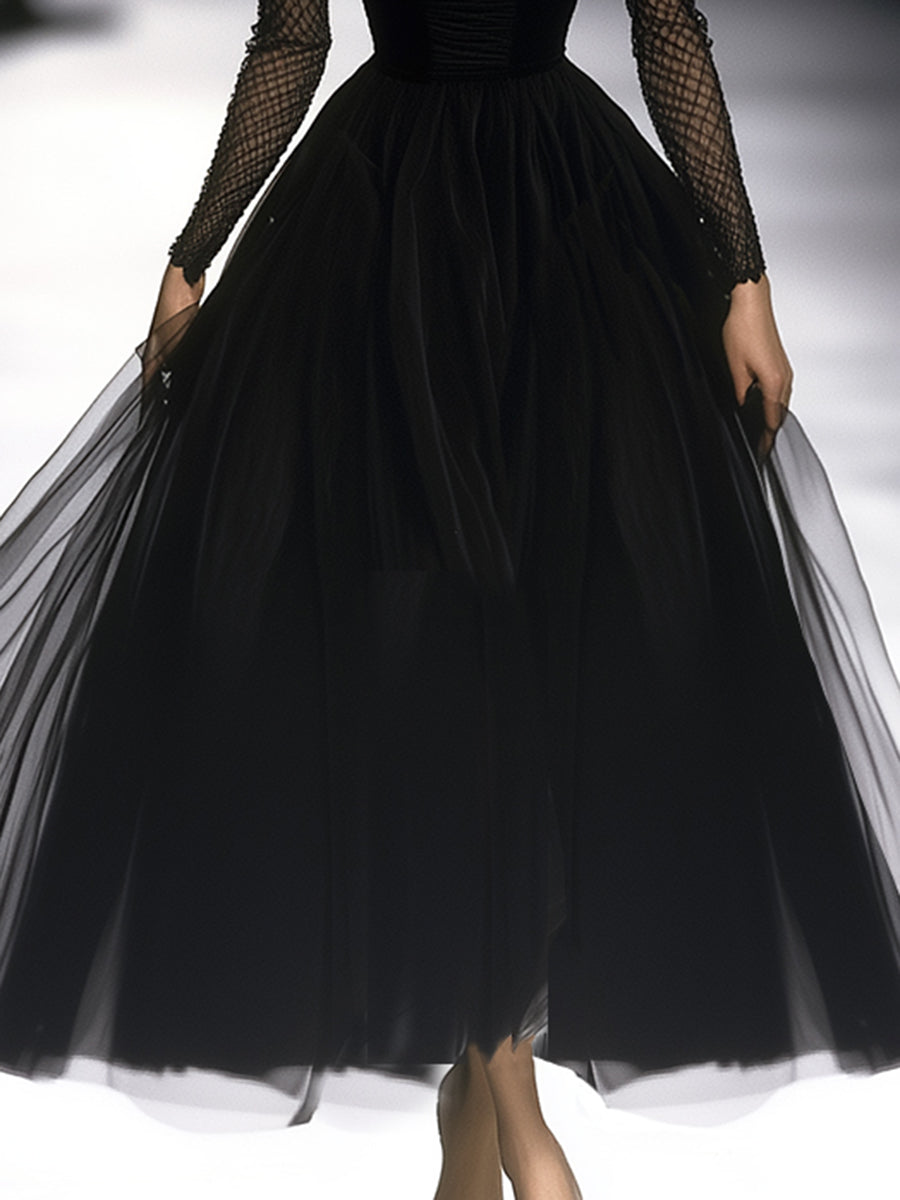 Retro Classic French Black Gauze Maxi Dress - By Qivii