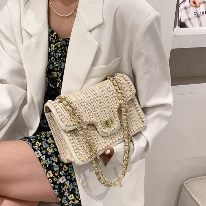 Women's Artisan-Woven Mini Square Bag - Convertible Chain Strap Shoulder Bag |Tweed-Textured Luxury for Day to Evening