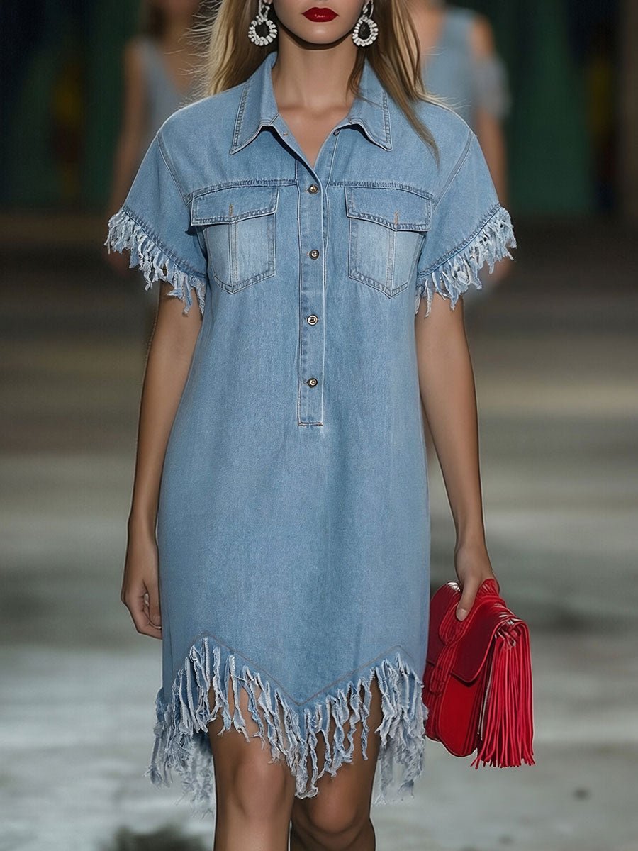 Casual Loose Vintage Denim Short Sleeve Shirt Tassel Mini Dress - By Qivii