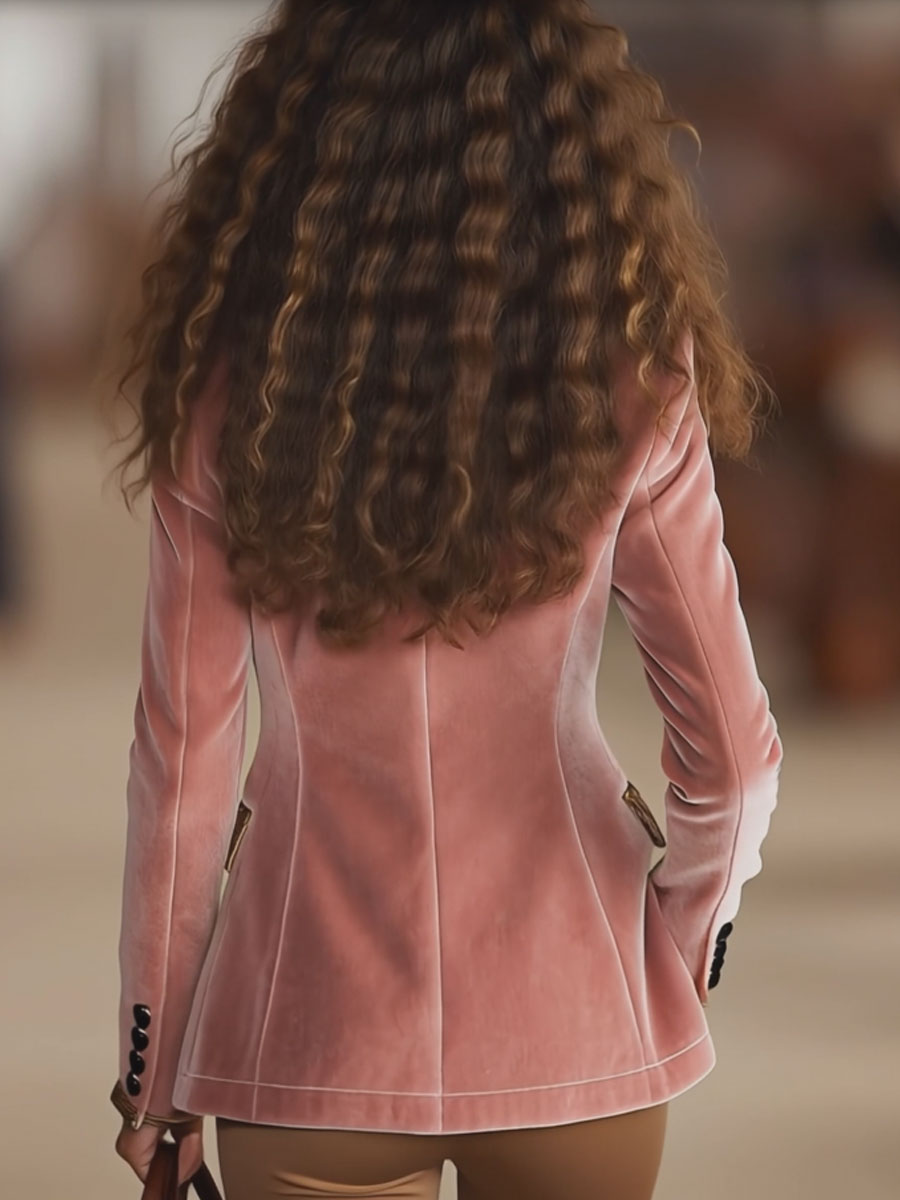 Pink Velvet Stitching Leopard Print One Button Blazer - By Qivii