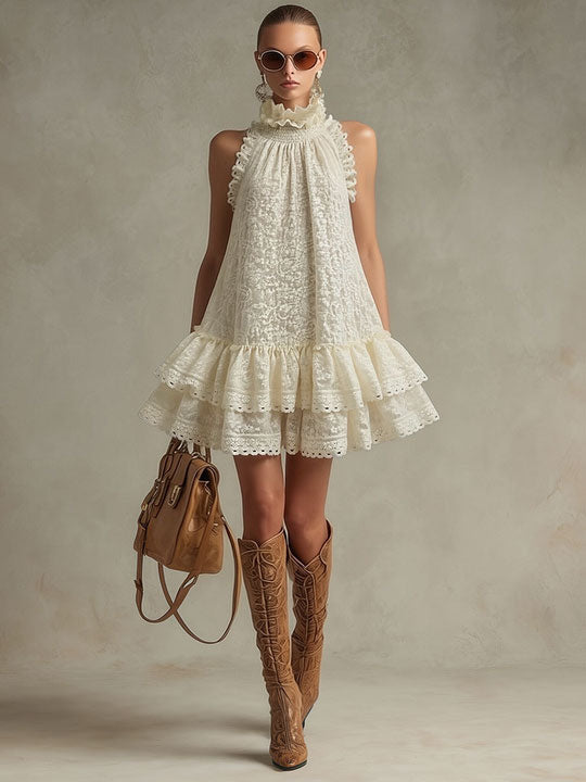 Vacation Retro Beige Lace Sleeveless Ruffled Mini Dress - By Qivii