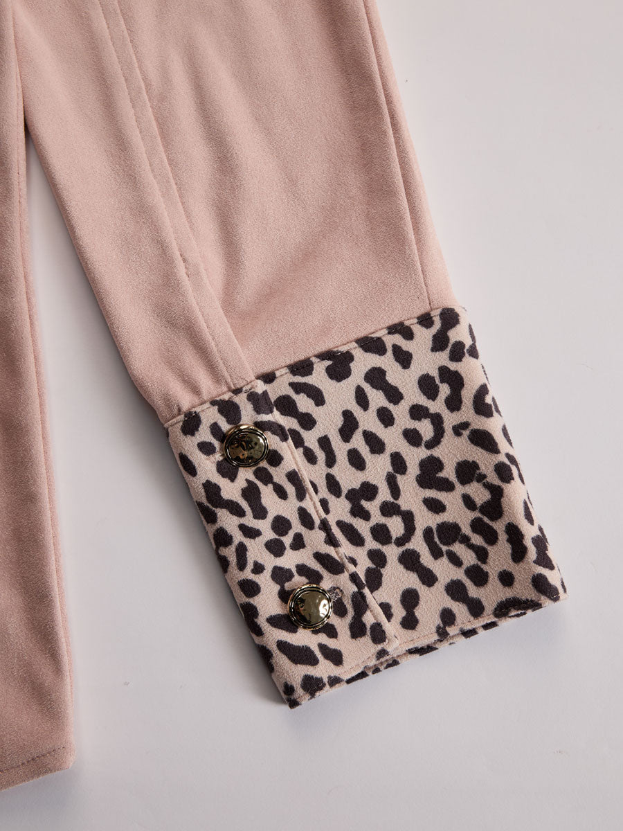 Western Retro Leopard Print Pink Faux Suede Long-Sleeve Shirt - By Qivii