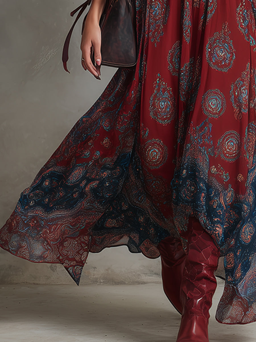 Retro Ethnic Bohemian Print Chiffon Sleeveless Maxi Dress - By Qivii