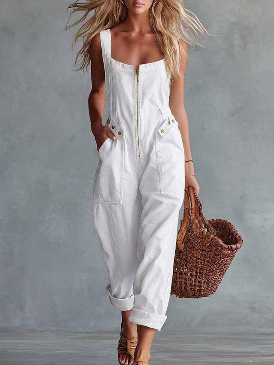 Casual Retro Square Neck Front Zipper Light Yellow Denim Jumpsuit - By Qivii
