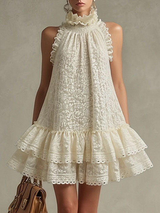 Vacation Retro Beige Lace Sleeveless Ruffled Mini Dress - By Qivii
