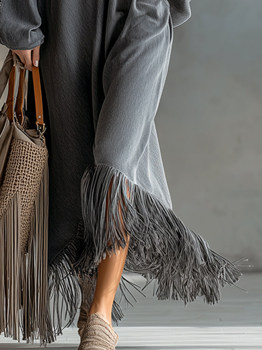 Elegant Silhouette Grey Denim Tassel Long Sleeve Maxi Dress - By Qivii
