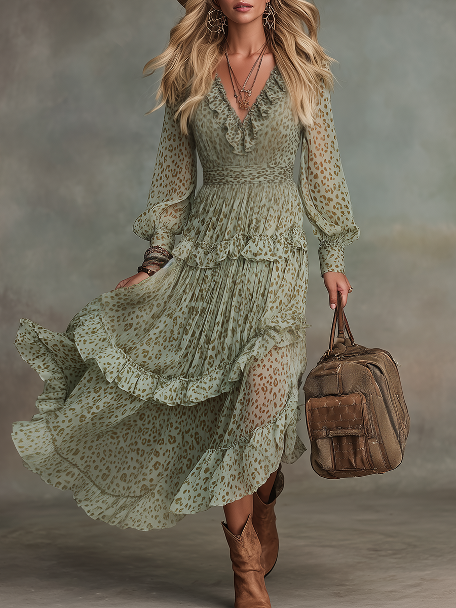 Vintage And Elegant V-neck Ruffled Leopard Print Chiffon Midi Dress - By Qivii