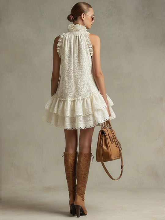 Vacation Retro Beige Lace Sleeveless Ruffled Mini Dress - By Qivii